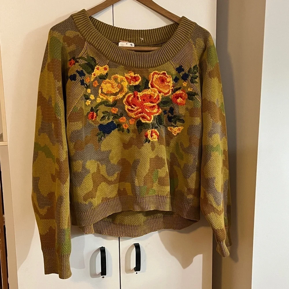 Free People Camo Rose Pullover Sweater NWT